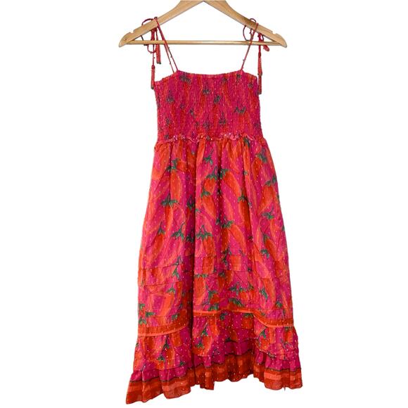Farm Rio Red Pepper Smocked Tie Ruffle Hem Beaded Strap Dress Red Small - Picture 3 of 14